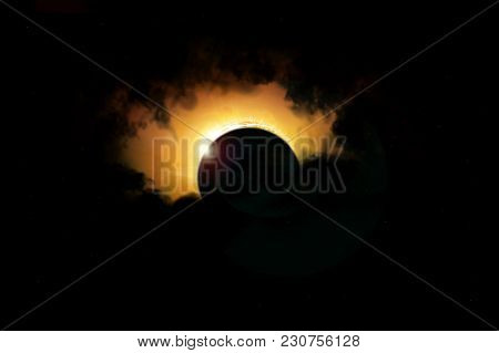 Space Solar Eclipse.  Solar System, Solar Flare,total Eclipse