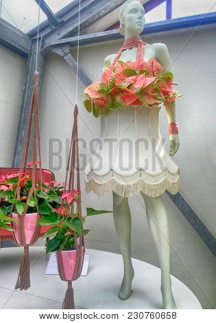Pink Calla Lilly Floristic Decor And Dummy In Flower Greenhouse, Keukenhof Garden, Netherlands.