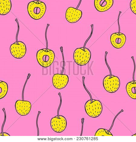 Seamless Nature Pattern With Sketch Of Berries. Pink And Yellow Vector Background With Cherry. Tropi