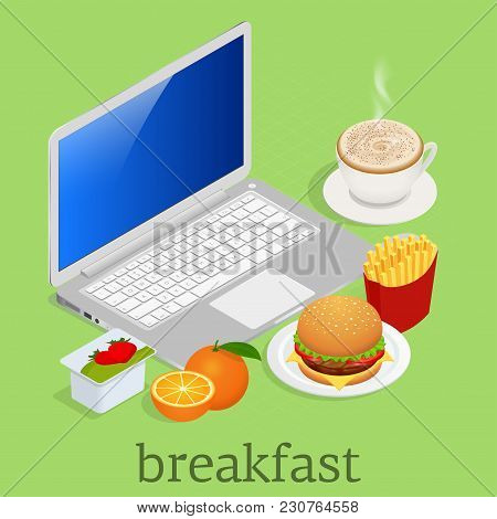 Isometric Having Breakfast In Front Of Computer On Workspace. Classic Burger Potatoes French Fries I