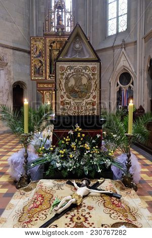 ZAGREB, CROATIA - 04 APRIL: The crucifix in front of God's tomb, was exhibited on Holy Saturday and prepared for veneration in the Zagreb Cathedral on April 04, 2015