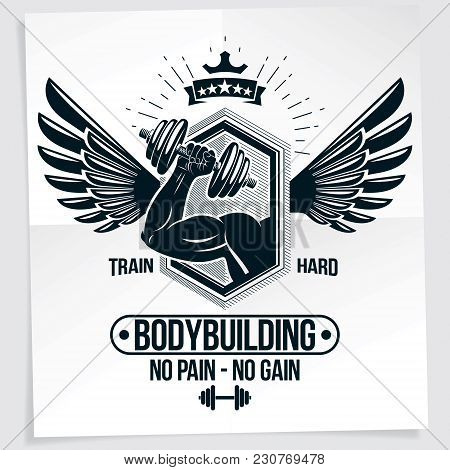 Power Lifting Competition Poster. Vector Composition Of Muscular Bodybuilder Arm Holds Disc Weight D