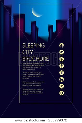 Night City Traveling Tourist Guide Book. Brochure, Flyer, Cover, Poster Or Guidebook Template. Vecto