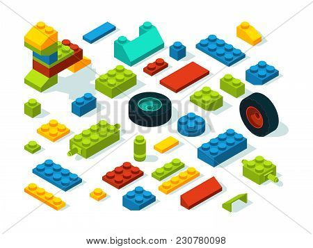 Plastic Constructor Isometric Bricks Isolate On White. Vector Toy Plastic Cube, Structure Constructi