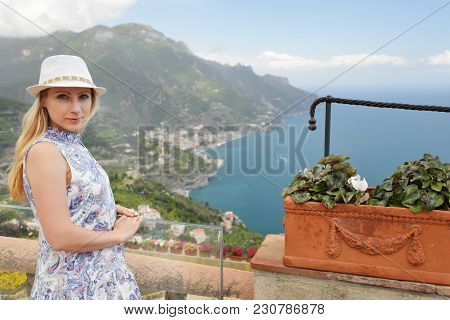 Woman In Ravelo At Amalfi Coast In Southern Italy