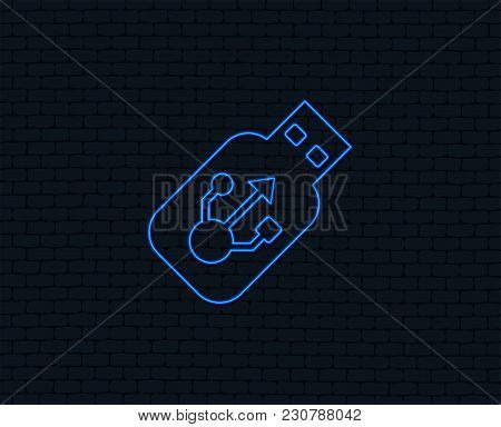 Neon Light. Usb Sign Icon. Usb Flash Drive Stick Symbol. Glowing Graphic Design. Brick Wall. Vector