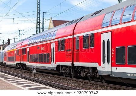 Fuerth / Germany - March 11, 2018: Re Regional Express Train From Deutsche Bahn Passes Train Station