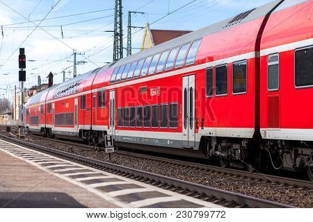 Fuerth / Germany - March 11, 2018: Re Regional Express Train From Deutsche Bahn Passes Train Station