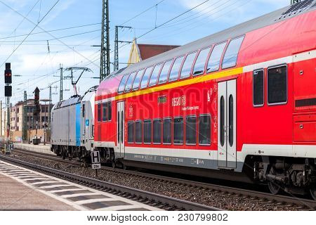 Fuerth / Germany - March 11, 2018: Re Regional Express Train From Deutsche Bahn Passes Train Station
