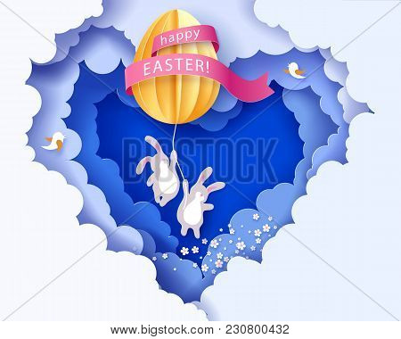 Happy Easter Card With Banny, Flowers And Egg Air Balloon Woth Blue Sky Background. Vector Illustrat