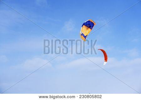 Perm, Russia - March 09, 2018: Two Bright Multicolored Sports Kites For Kiting Or Snowkiting Against