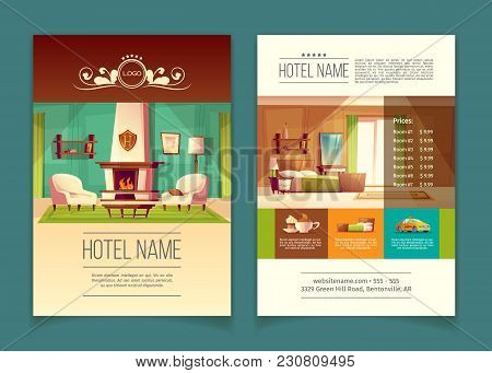 Vector Cartoon Colorful Brochure, Advertising Leaflet With Hotel Apartments, Rooms With Furniture, I