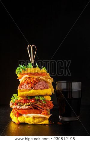 Italian Sandwich With Sausage  Salamella And Bread With Turmeric And Glass Of Red Wine