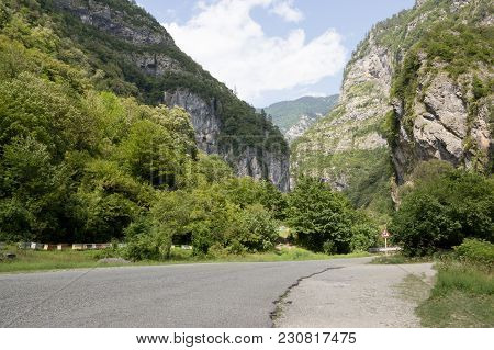 Scenic Route To Lake Ritsa In Abkhazia. The Beautiful Caucasus Mountains In The Summer