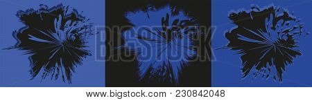 Vector Set Of Three Blots Of Solid Color. A Tangled Abstraction In The Center. A Splash Of Spots, Li