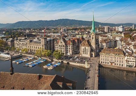 Zurich, Switzerland - 24 September, 2014: View Of The City Of Zurich From The Tower Of The Grossmuns