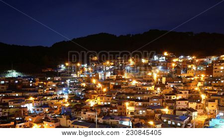 Night View Of Gamcheon Culture Village In Busan, South Korea.