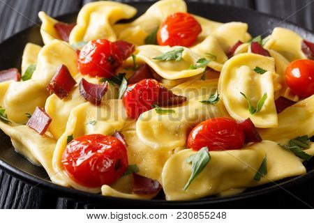 Traditional Italian Pasta Casoncelli With Prosciutto Filling, With Cherry Tomatoes Close-up. Horizon