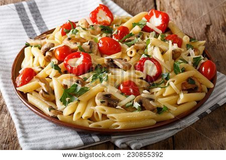 Traditional Italian Vegetarian Penne Pasta With Mushrooms, Cherry Tomatoes, Pepper Closeup. Horizont