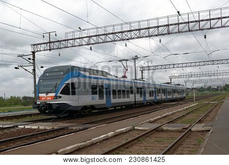 GORODEYA, BELARUS - AUGUST 27, 2012: Modern commuter train of Belarussian railways. It is one of four trains produced by Stadler Rail AG, Switzerland for Belarus in 2011-2012