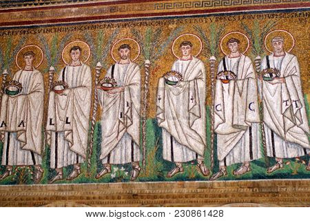 RAVENNA, ITALY - JUNE 15, 2017: Mosaics in the Basilica of Sant'Apollinare Nuovo which was erected in VI century. Early Christian Monuments of Ravenna is listed as UNESCO World Heritage