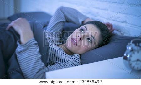 Young Beautiful Sad And Worried Latin Woman Suffering Insomnia And Sleeping Disorder Problem Unable 