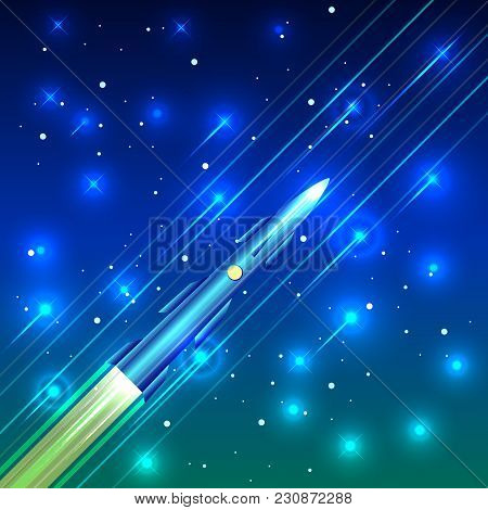 International Day Of Human Space Flight. Space Rocket Is Flying Among Stars. The Effect Of Motion. D