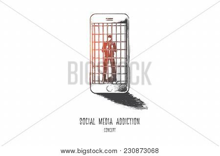 Social Media Addiction Concept. Hand Drawn Person In Jail Of Internet. Man Slave Of His Smartphone I