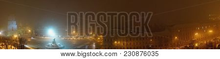 Panorama View, Foggy Street In Evening, Sofiyskaya Square, Monument To Bogdan Khmelnitsky And Bell T