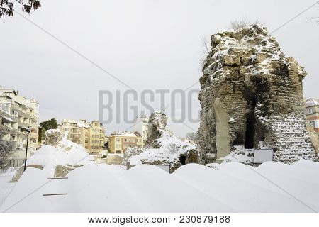 Roman Term Covered With Fresh Snow In Varna, Bulgaria.