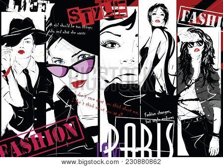Fashion Collage With Freehand Drawings, Female Faces
