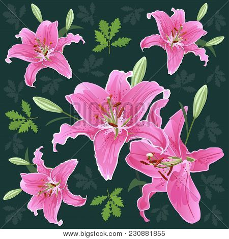 Pink Lily Flowers Seamless Pattern Green Ground