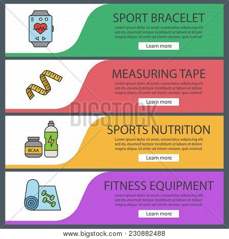 Fitness Web Banner Templates Set. Sport Equipment. Bracelet, Measuring Tape, Bcaa Supplement, Traini