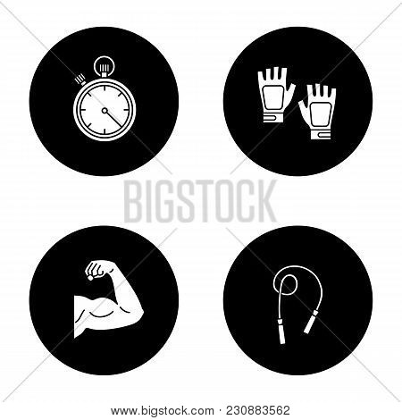 Fitness Glyph Icons Set. Sport Equipment. Jump Rope, Bicep Muscle, Fingerless Gym Gloves, Stopwatch.
