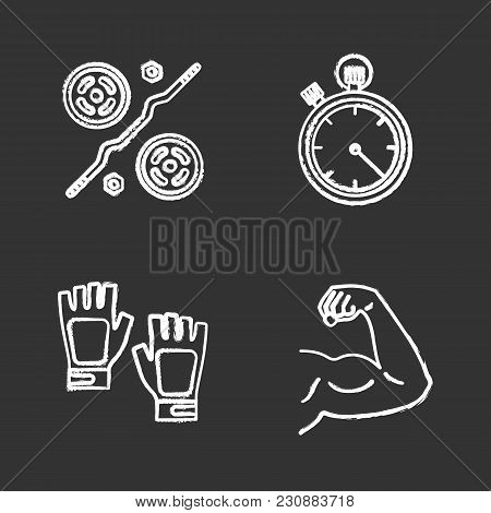 Fitness Chalk Icons Set. Sport Equipment. Fingerless Gym Gloves, Bicep Muscle, Stopwatch, Barbell. I