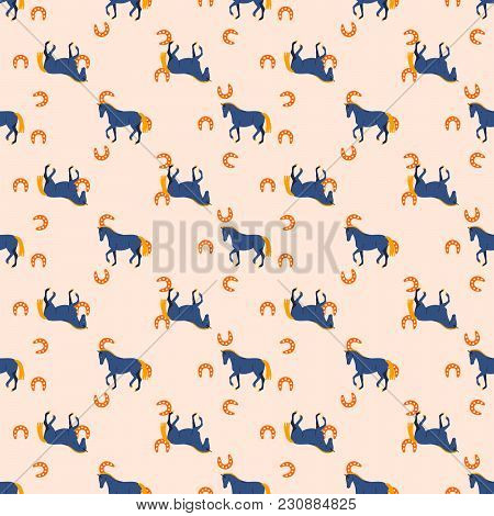 Horse And Horseshoe Seamless Peach Color Vector Pattern.