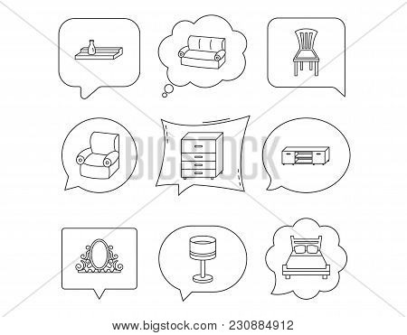 Double Bed, Table Lamp And Armchair Icons. Chair, Lamp And Vintage Mirror Linear Signs. Wall Shelf, 