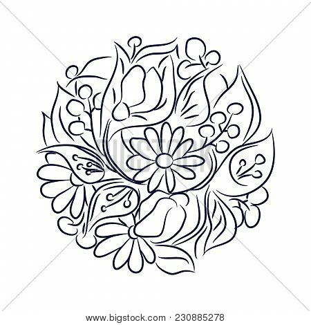 Flower Round Rosette Vector Isolated Composition. Line Style Handdrawn Flowers In A Circle Shape Pla
