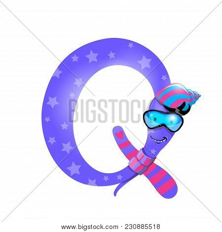 Vector One Letter Q Of Sea Cartoon Alphabet Isolated On White Background.