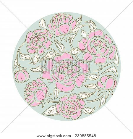 Peonies Floral Rosette Vector Isolated Composition. Line Style Handdrawn Flowers In A Circle Shape P