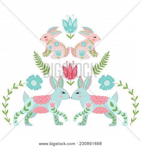 Cute Folk Design Rabbits In Beautiful Flowers