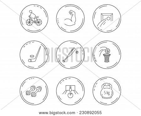 Ice Hockey, Football And Basketball Icons. Fitness Sport, Baseball And Bowling Linear Signs. Biking,