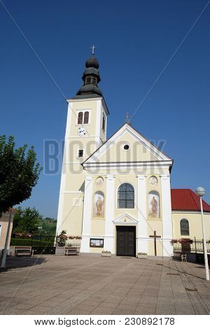 ZACRETJE, CROATIA - JULY 02: Parish Church of the Holy Cross in Zacretje, Croatia on July 02, 2016.