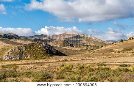 View Of Typical Sicilian Hills In Province Of Agrigento, Countryside Landscape.