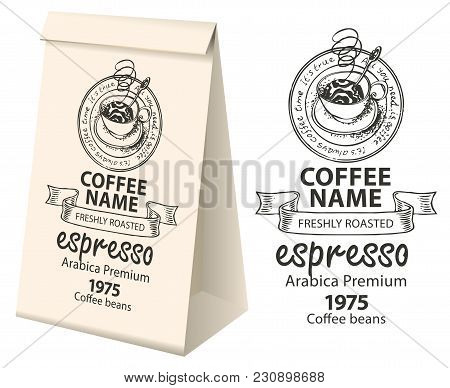 Paper Packaging With A Label For Coffee Beans. Vector Label For Coffee With The Pencil Drawing Cup O