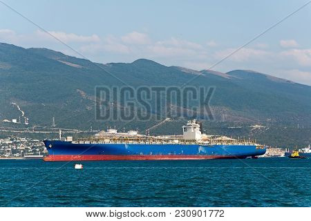 Cargo Ship Anchored In The Roadstead Tsemes Bay At The Entrance Of The Port Of Novorossiysk, Russia