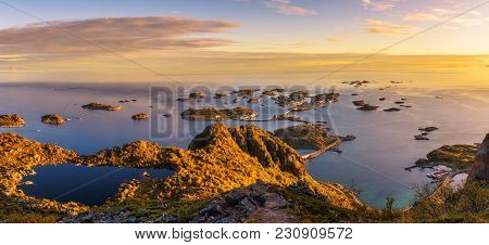 Panoramic View From The Hiking Path Leading To The Top Of Mount Festvagtinden Above The Village Of H