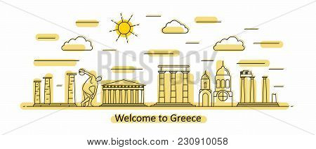 Greece Panorama. Greece Vector Illustration In Outline Style With Buildings And History Architecture