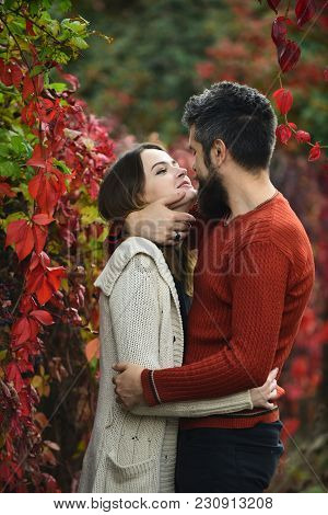 Couple With Smiling Faces Cuddle Each Other With Tenderness. Couple In Love Hugs With Red Leaves On 
