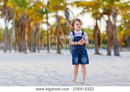 Adorable Active Little Kid Boy Having Fun On Miami Beach, Key Biscayne. Happy Cute Child Relaxing, P